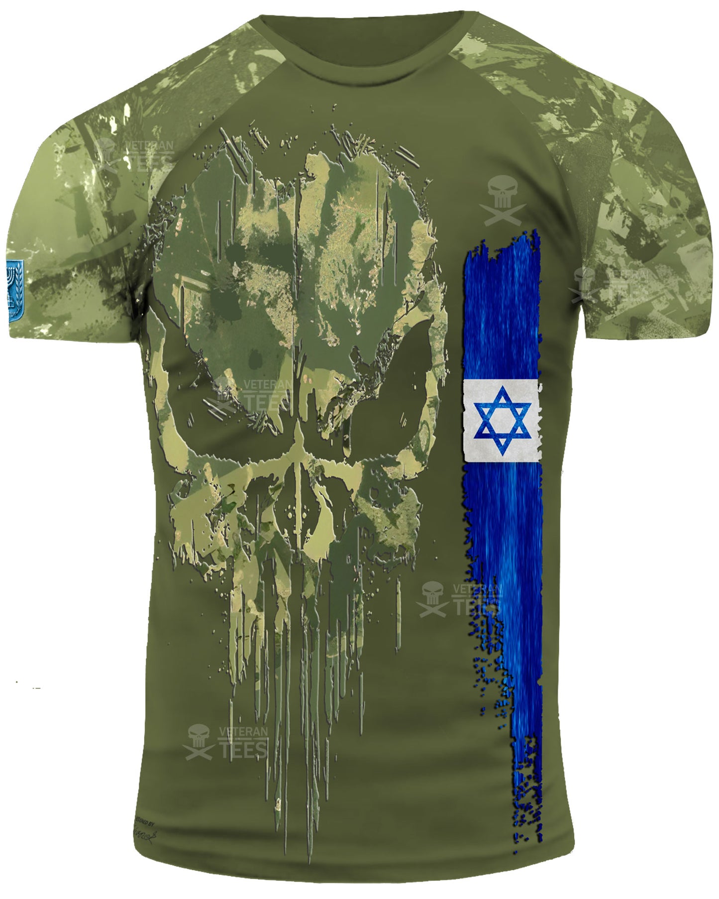 Israel Army Veteran T-Shirt Combat Military Camouflage Skull T Shirt Regular Fit Short Sleeve Size 2XS-4XL ) Olive IS01