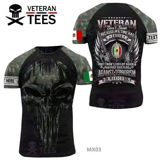 México Ejército Veterano Mexicano Camiseta Combate Militar Camuflaje Calavera Camiseta Regular Fit Manga Corta Tamaño 2XS-4XL Negro MX03