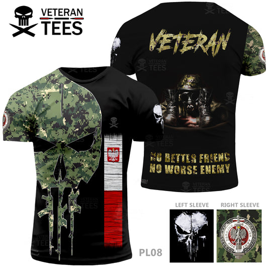 Poland Army Polish Veteran T-Shirt Combat Military Camouflage T Shirt Short Sleeve Skull T Shirt Size XXS - 4XL Black PL08