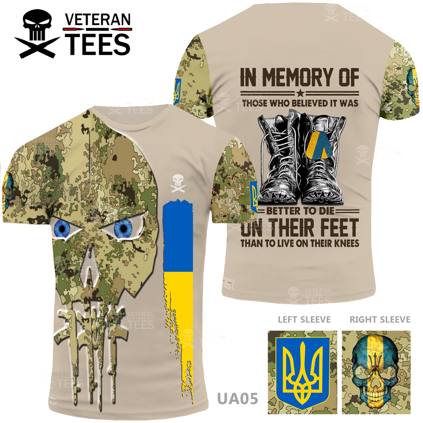 Ukraine Army Ukrainian Veteran T-Shirt Combat Military Camouflage Skull T Shirt Regular Fit Short Sleeve Size 2XS-4XL Beige UA05