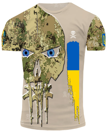 Ukraine Army Ukrainian Veteran T-Shirt Combat Military Camouflage Skull T Shirt Regular Fit Short Sleeve Size 2XS-4XL Beige UA05