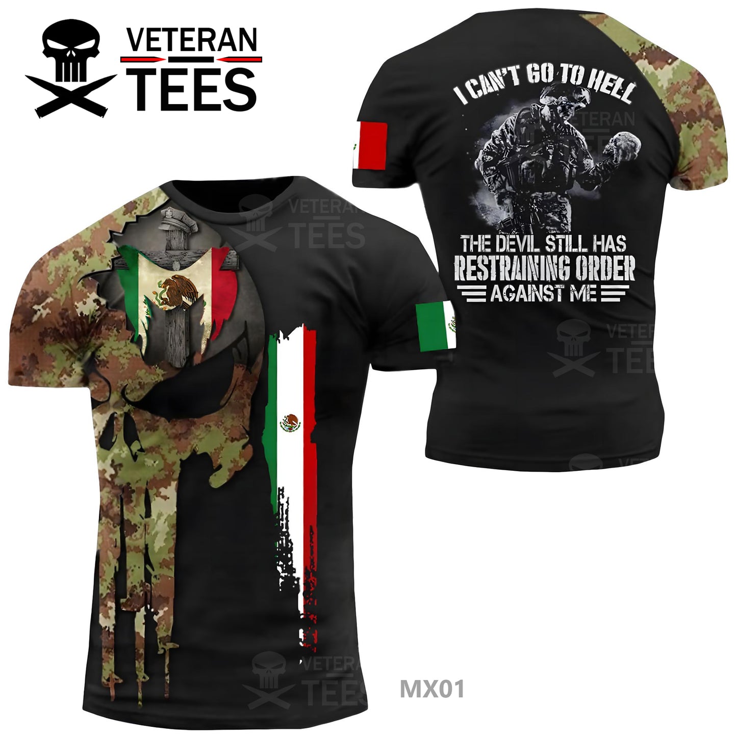 México Ejército Veterano Mexicano Camiseta Combate Militar Camuflaje Calavera Camiseta Regular Fit Manga Corta Tamaño 2XS-4XL Negro MX01