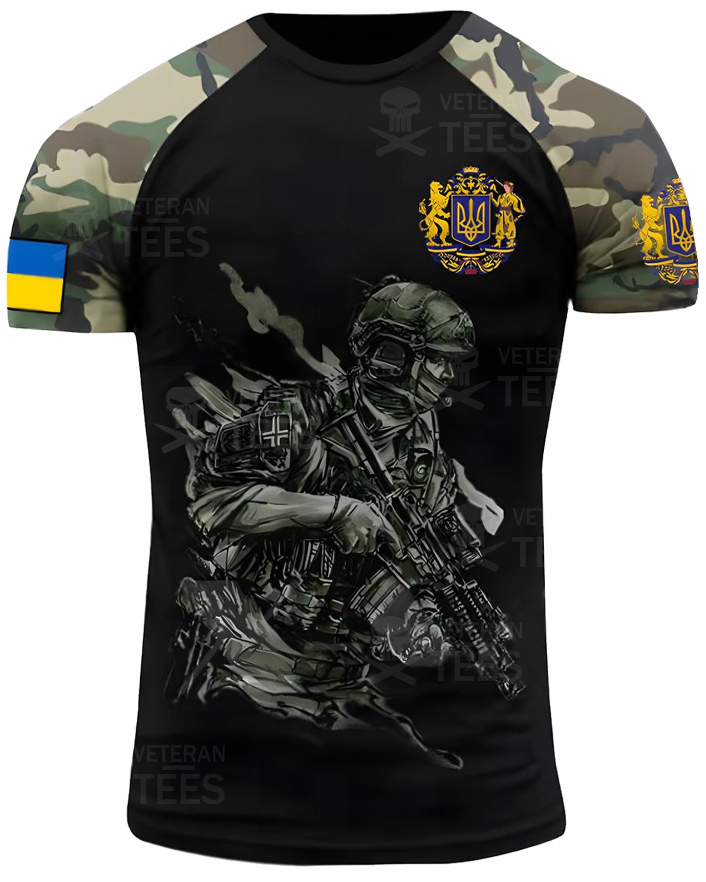 Ukraine Army Ukrainian Veteran T-Shirt Combat Military Camouflage Skull T Shirt Regular Fit Short Sleeve Size 2XS-4XL Black UA02