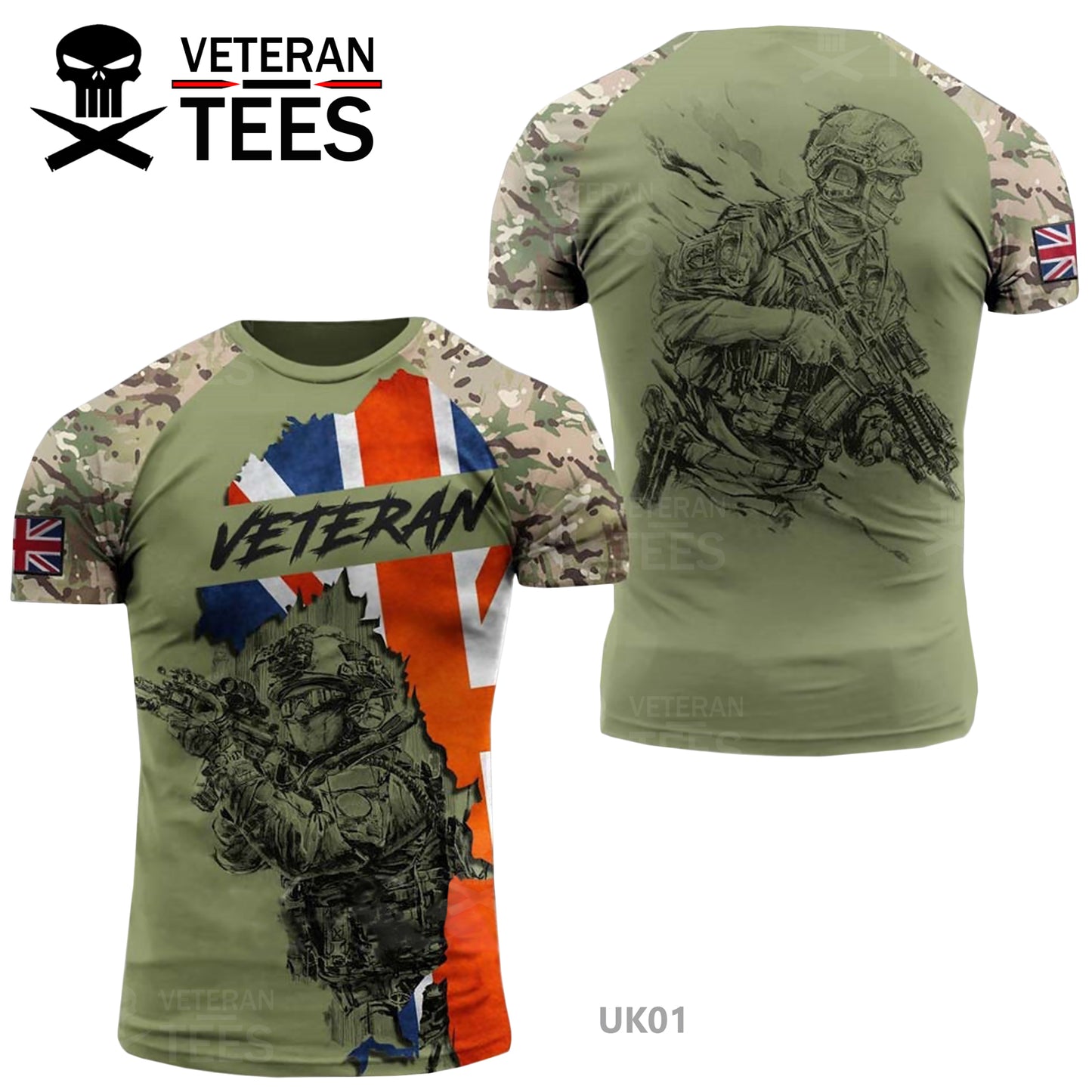 UK Army British Veteran T-Shirt Combat Military Camouflage T Shirt Regular Fit Short Sleeve Size 2XS-4XL Green UK01